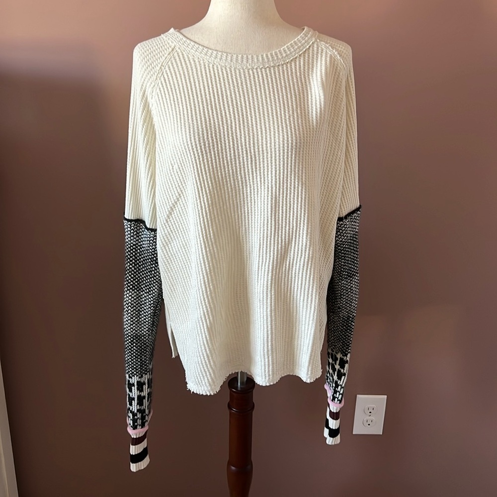 Free People Ivory Waffle Knit Sweater with Patterned Sleeves